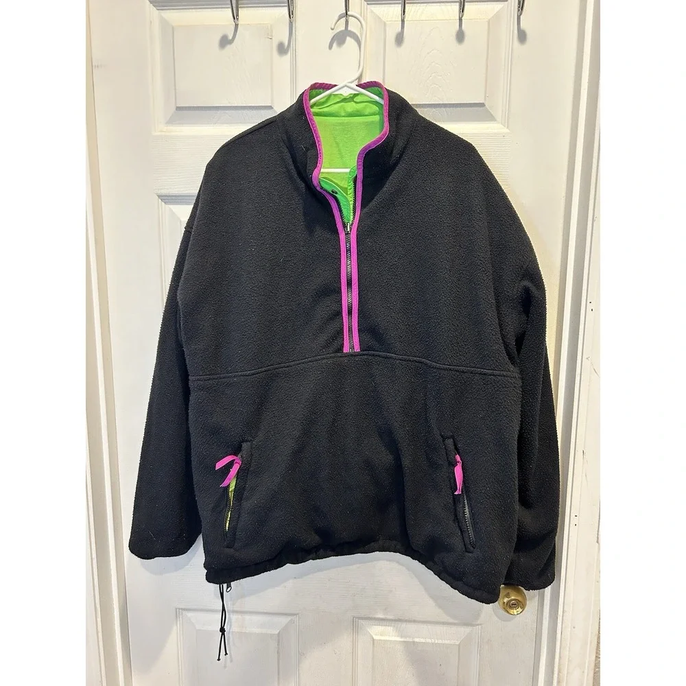 Vintage Gap Arctic Light Fleece Reversible Anorak Jacket XL Lime Green Black 90s